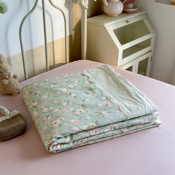 绫韵家纺 2025夏季新品A类全棉纯棉双层纱法式大花边夏被空调被四件套 诗野集-绿