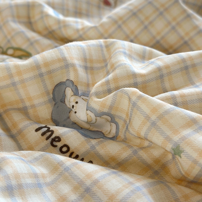 91家纺网 家纺一手货源 找家纺 绫韵家纺 2025夏季新品A类全棉纯棉双层纱法式大花边夏被空调被四件套 星月小熊蓝