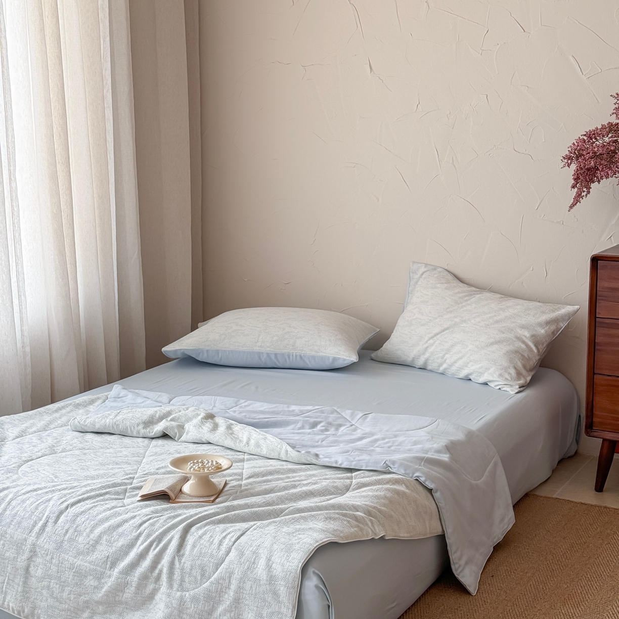 91家纺网 家纺一手货源 找家纺 山舍家居 2025春夏新款色织针刺子提花夏被夏凉被空调被四件套 无由-蓝