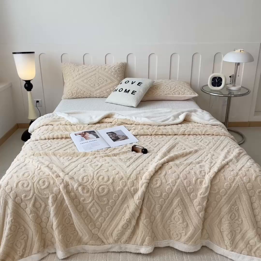 91家纺网 家纺一手货源 找家纺 高克重双层加厚塔芙绒毛毯双面绒盖毯沙发毯跨境外贸出口休闲毯子 欧式-奶咖色