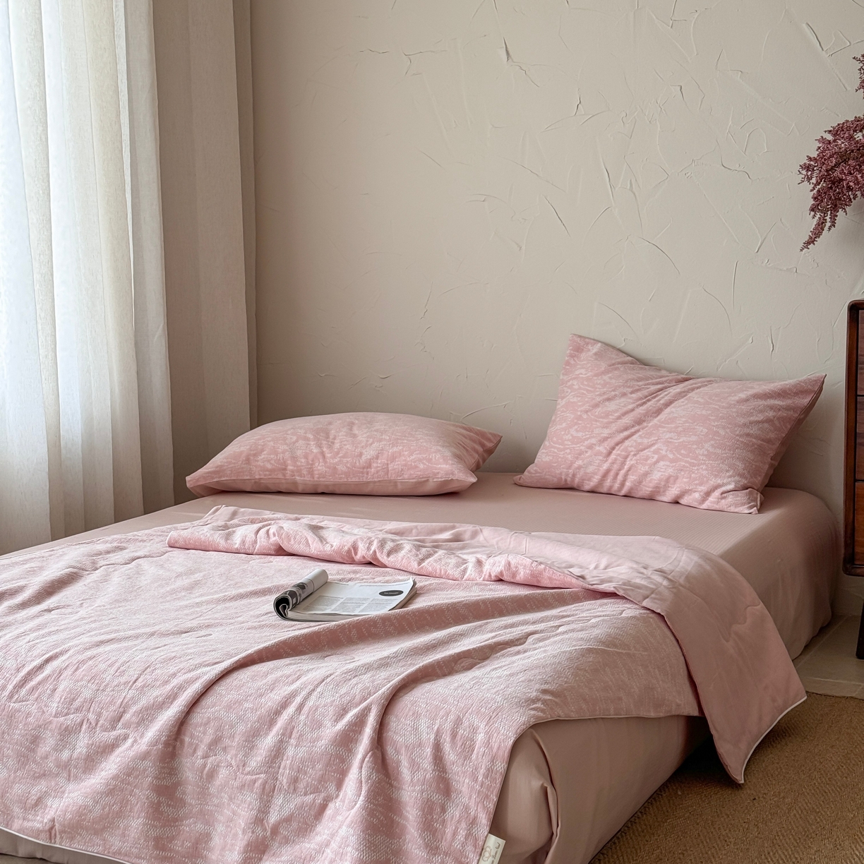 91家纺网 家纺一手货源 找家纺 山舍家居 2025春夏新款色织针刺子提花夏被夏凉被空调被四件套 無由-粉