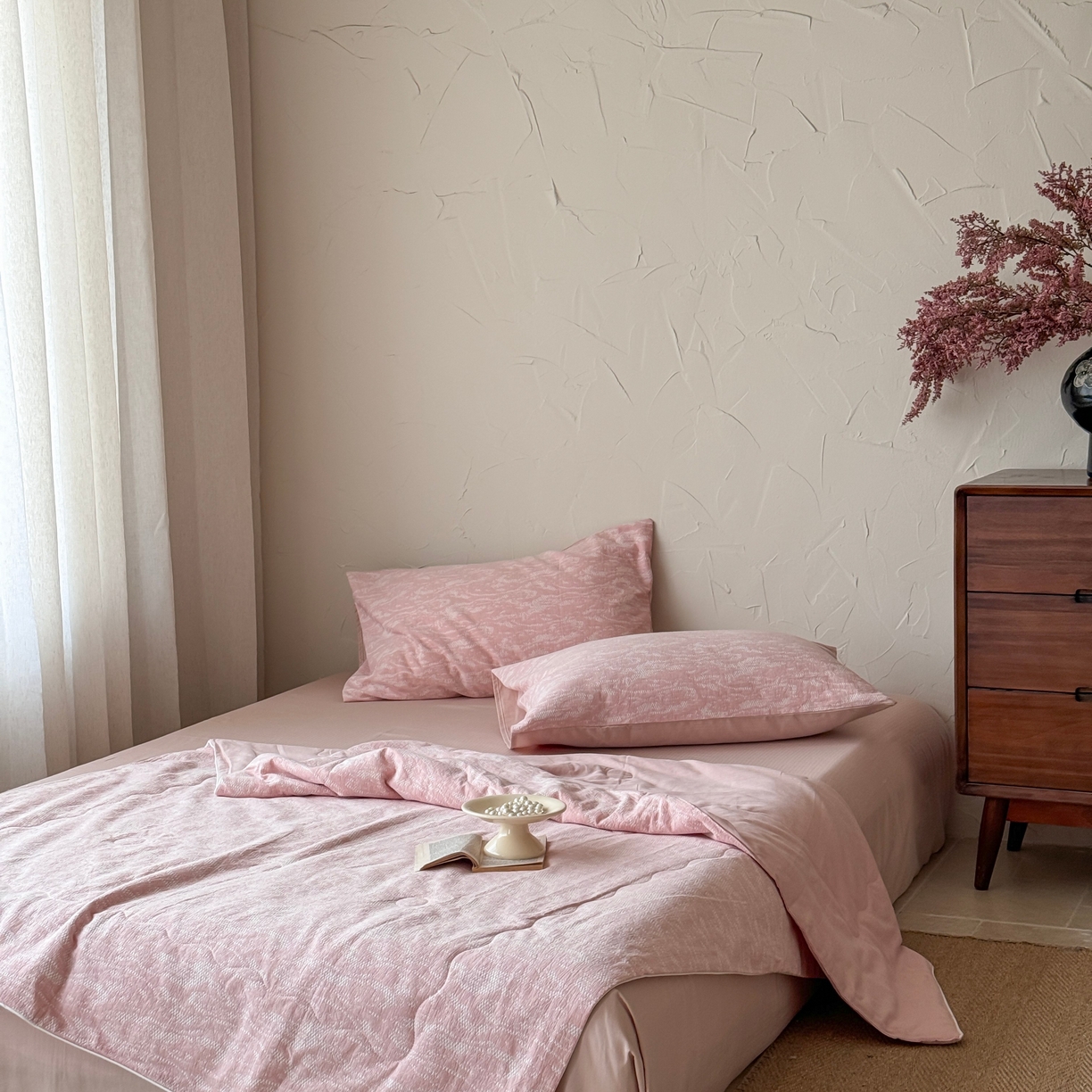 91家纺网 家纺一手货源 找家纺 山舍家居 2025春夏新款色织针刺子提花夏被夏凉被空调被四件套 無由-粉