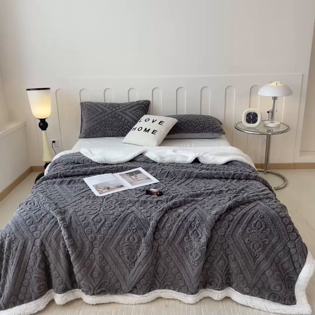 91家纺网 家纺一手货源 找家纺 高克重双层加厚塔芙绒毛毯双面绒盖毯沙发毯跨境外贸出口休闲毯子 欧式-高级灰