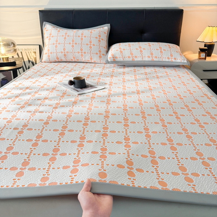 91家纺网 家纺一手货源 找家纺 LIFE.丽芙 2025春夏季新品A类针织提花冰凉豆豆凉感软席子平铺绑带款冰丝凉席三件套（450克）-风格一 维塔-橘