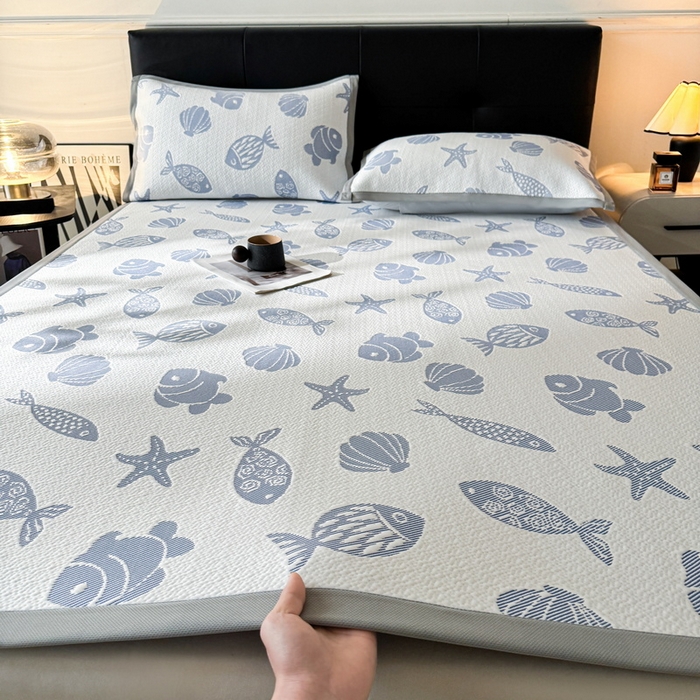 LIFE.丽芙 2025春夏季新品A类针织提花冰凉豆豆凉感软席子平铺绑带款冰丝凉席三件套（450克）-风格一 海底世界-海蓝