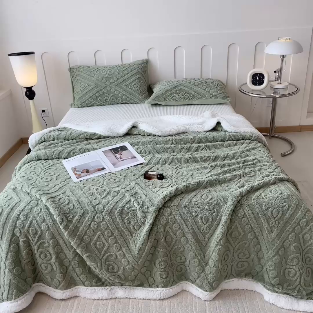 91家纺网 家纺一手货源 找家纺 高克重双层加厚塔芙绒毛毯双面绒盖毯沙发毯跨境外贸出口休闲毯子 欧式-抹茶绿