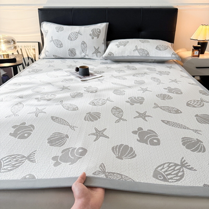 LIFE.丽芙 2025春夏季新品A类针织提花冰凉豆豆凉感软席子平铺绑带款冰丝凉席三件套（450克）-风格一 海底世界-灰