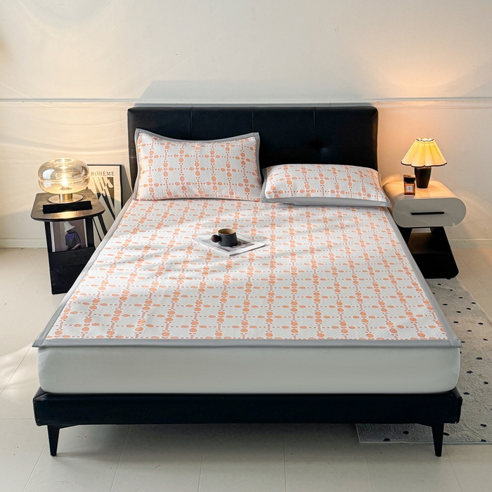 91家纺网 家纺一手货源 找家纺 LIFE.丽芙 2025春夏季新品A类针织提花冰凉豆豆凉感软席子平铺绑带款冰丝凉席三件套（450克）-风格一 维塔-橘