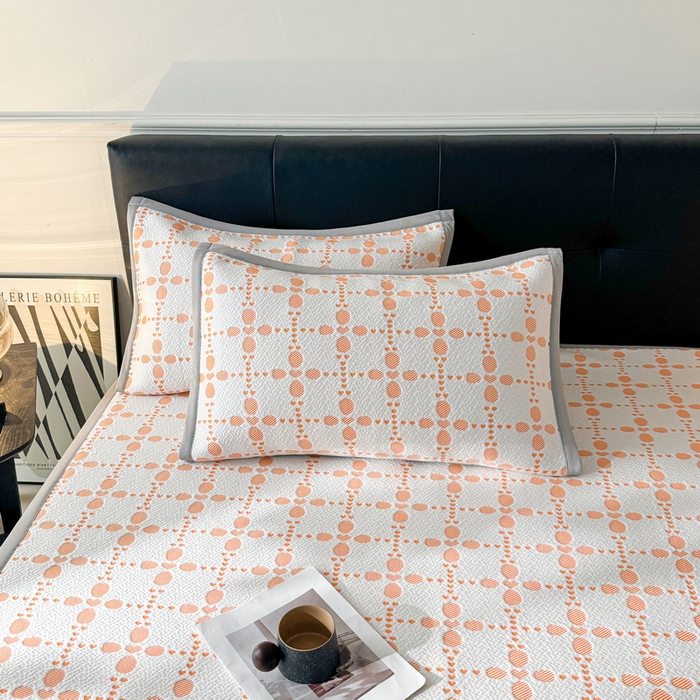 91家纺网 家纺一手货源 找家纺 LIFE.丽芙 2025春夏季新品A类针织提花冰凉豆豆凉感软席子平铺绑带款冰丝凉席三件套（450克）-风格一 维塔-橘