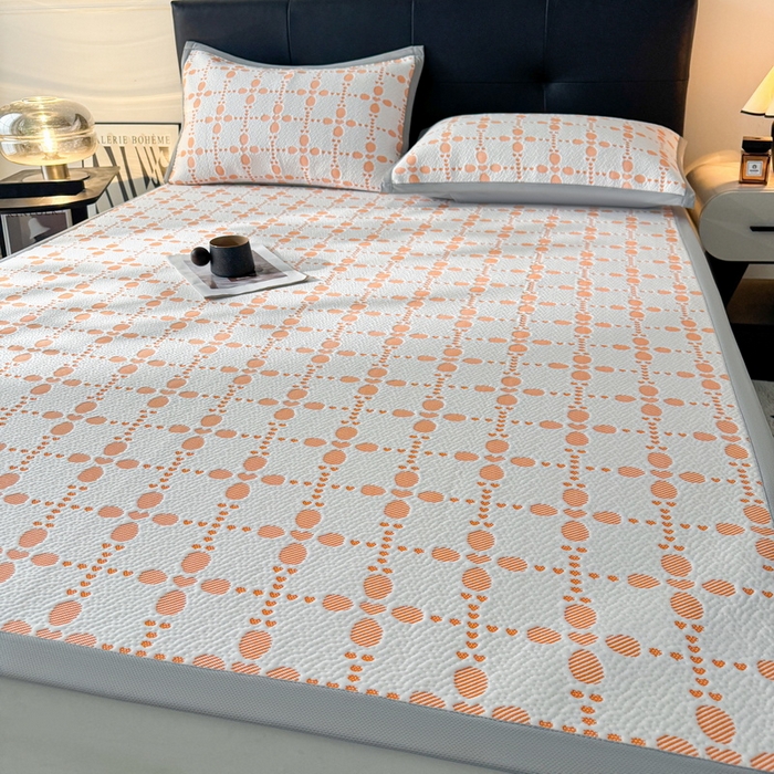 91家纺网 家纺一手货源 找家纺 LIFE.丽芙 2025春夏季新品A类针织提花冰凉豆豆凉感软席子平铺绑带款冰丝凉席三件套（450克）-风格一 维塔-橘