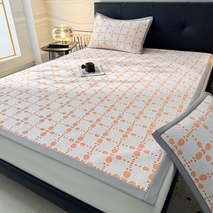 91家纺网 家纺一手货源 找家纺 LIFE.丽芙 2025春夏季新品A类针织提花冰凉豆豆凉感软席子平铺绑带款冰丝凉席三件套（450克）-风格一 维塔-橘