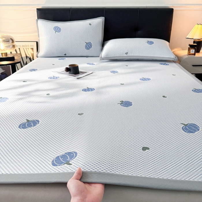 LIFE.丽芙 2025春夏季新品A类针织提花冰凉豆豆凉感软席子平铺绑带款冰丝凉席三件套（450克）-风格一 南瓜-海蓝