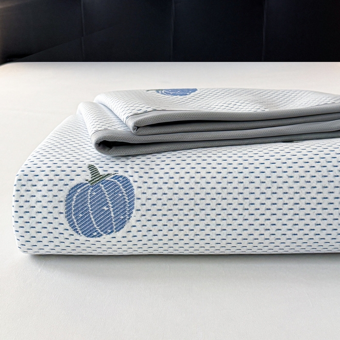 91家纺网 家纺一手货源 找家纺 LIFE.丽芙 2025春夏季新品A类针织提花冰凉豆豆凉感软席子平铺绑带款冰丝凉席三件套（450克）-风格一 南瓜-海蓝