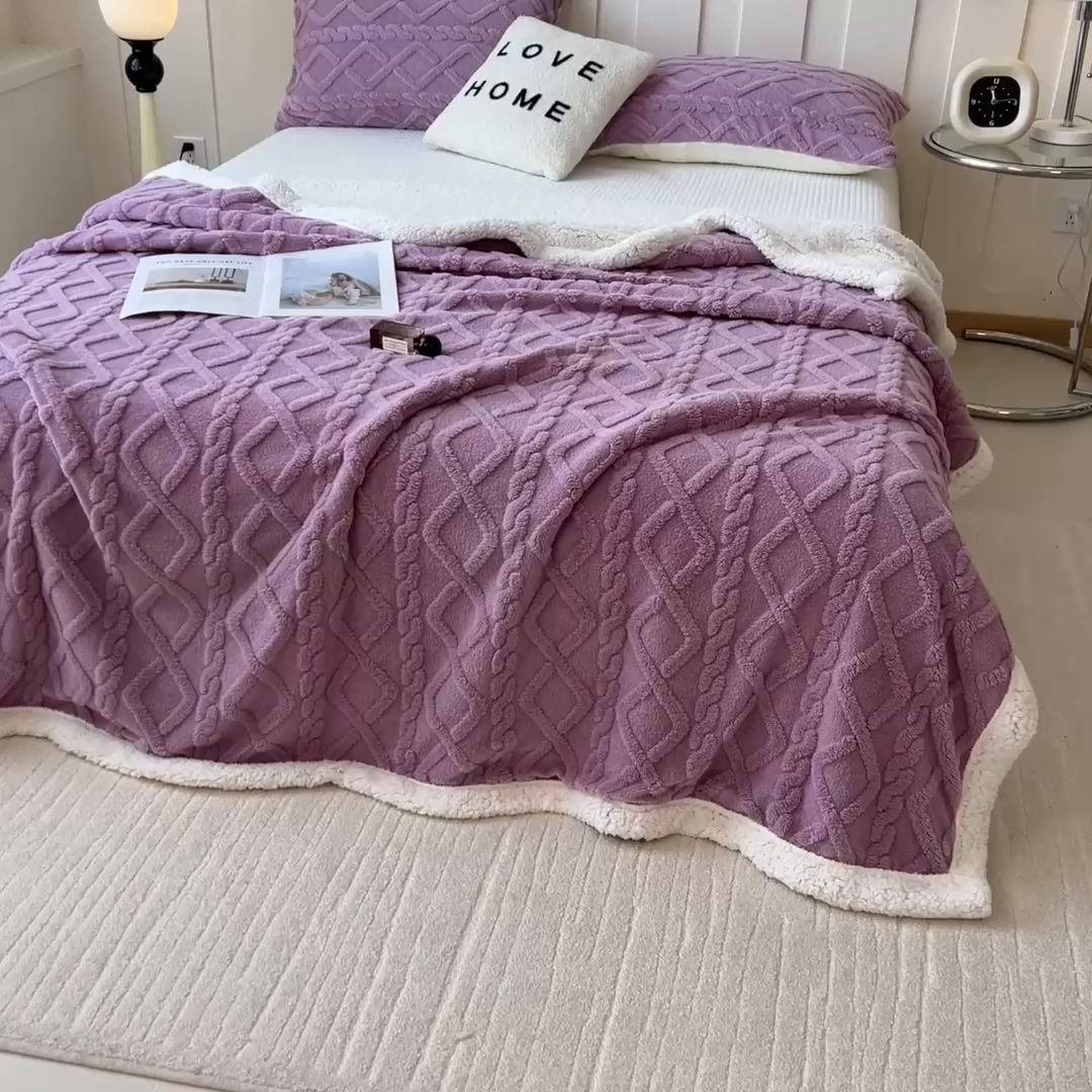 91家纺网 家纺一手货源 找家纺 高克重双层加厚塔芙绒毛毯双面绒盖毯沙发毯跨境外贸出口休闲毯子 麻花-香芋紫