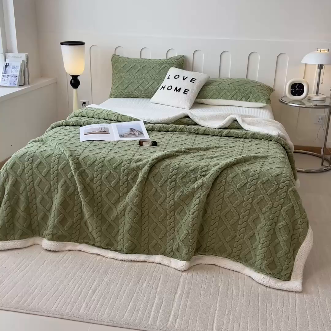 91家纺网 家纺一手货源 找家纺 高克重双层加厚塔芙绒毛毯双面绒盖毯沙发毯跨境外贸出口休闲毯子 麻花-抹茶绿