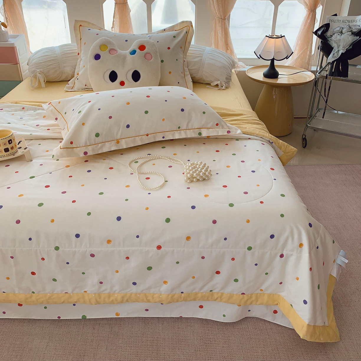 91家纺网 家纺一手货源 找家纺 莱豫家纺 2025春夏新款纯棉全棉夏被夏凉被四件套 彩色波点