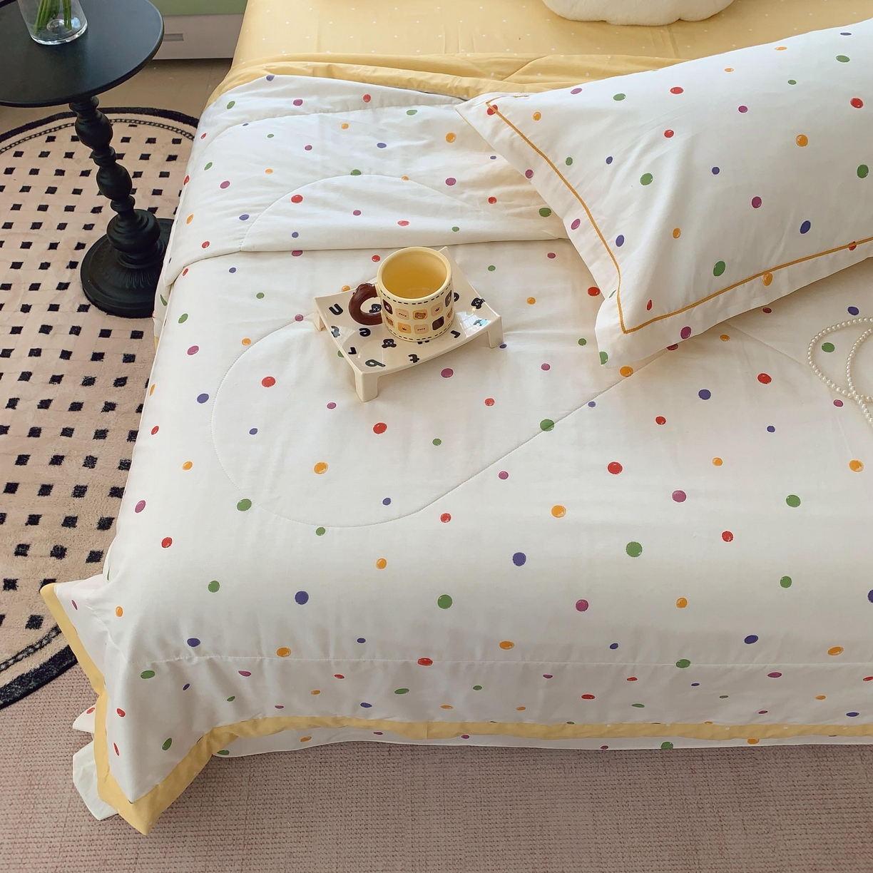 91家纺网 家纺一手货源 找家纺 莱豫家纺 2025春夏新款纯棉全棉夏被夏凉被四件套 彩色波点