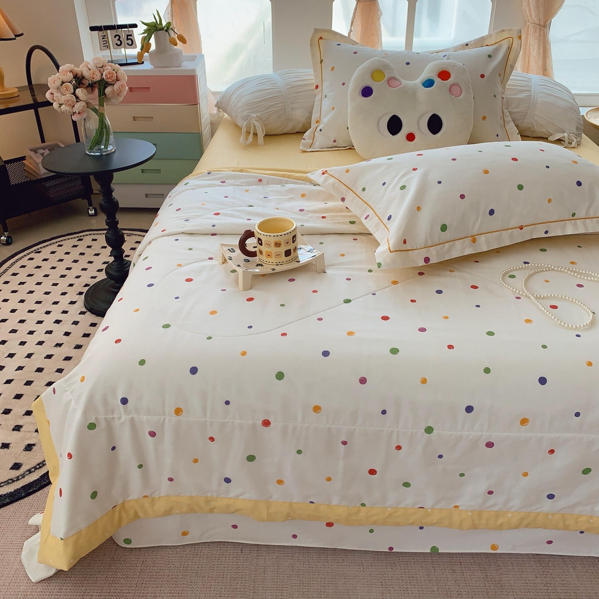 91家纺网 家纺一手货源 找家纺 莱豫家纺 2025春夏新款纯棉全棉夏被夏凉被四件套 彩色波点