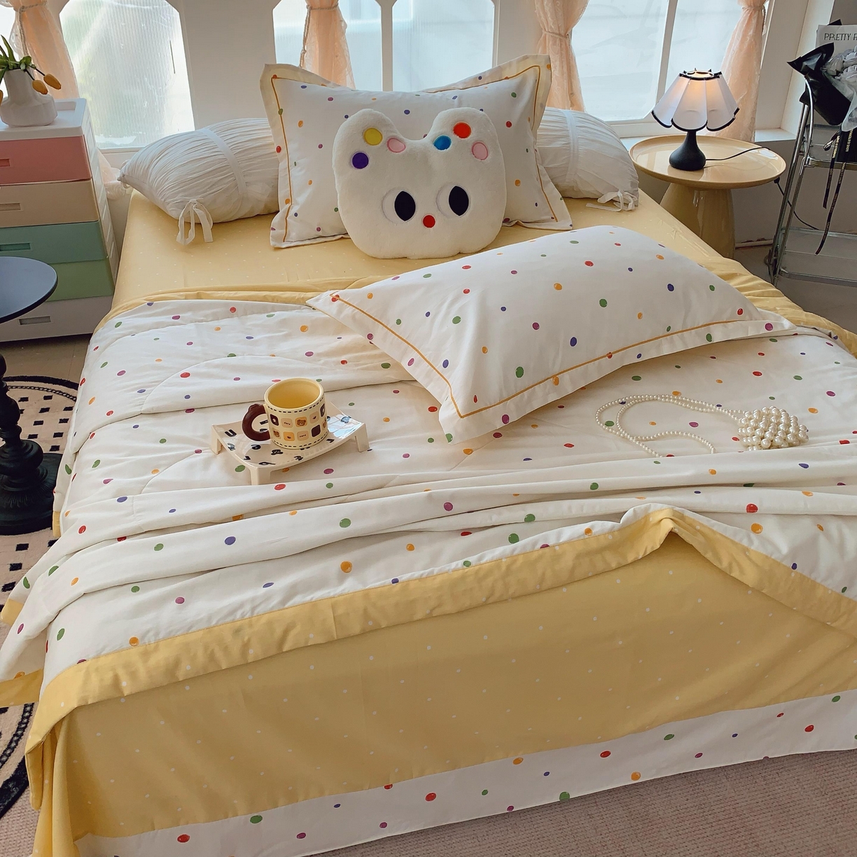 91家纺网 家纺一手货源 找家纺 莱豫家纺 2025春夏新款纯棉全棉夏被夏凉被四件套 彩色波点