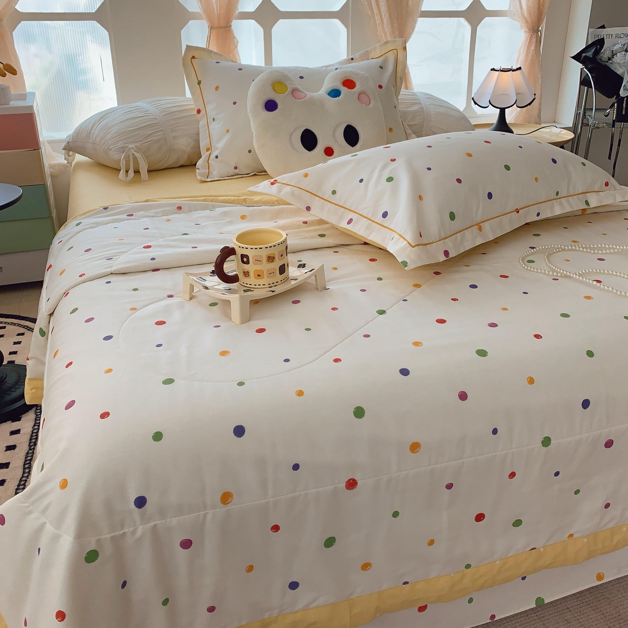 91家纺网 家纺一手货源 找家纺 莱豫家纺 2025春夏新款纯棉全棉夏被夏凉被四件套 彩色波点