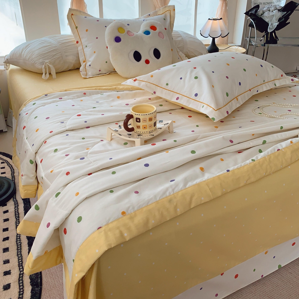 91家纺网 家纺一手货源 找家纺 莱豫家纺 2025春夏新款纯棉全棉夏被夏凉被四件套 彩色波点