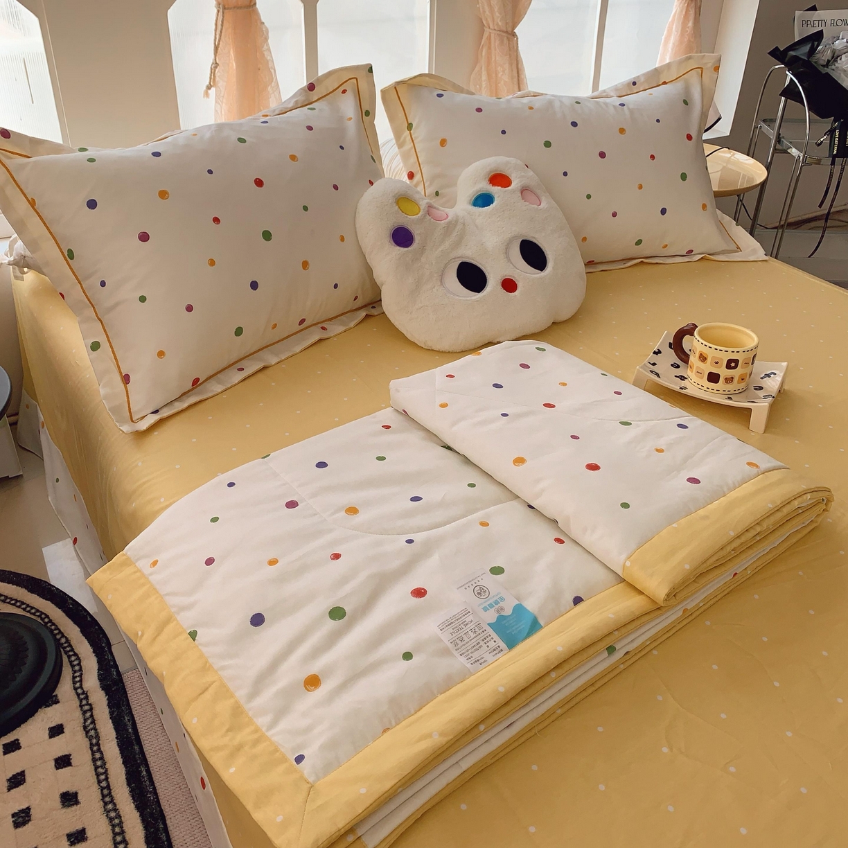 91家纺网 家纺一手货源 找家纺 莱豫家纺 2025春夏新款纯棉全棉夏被夏凉被四件套 彩色波点