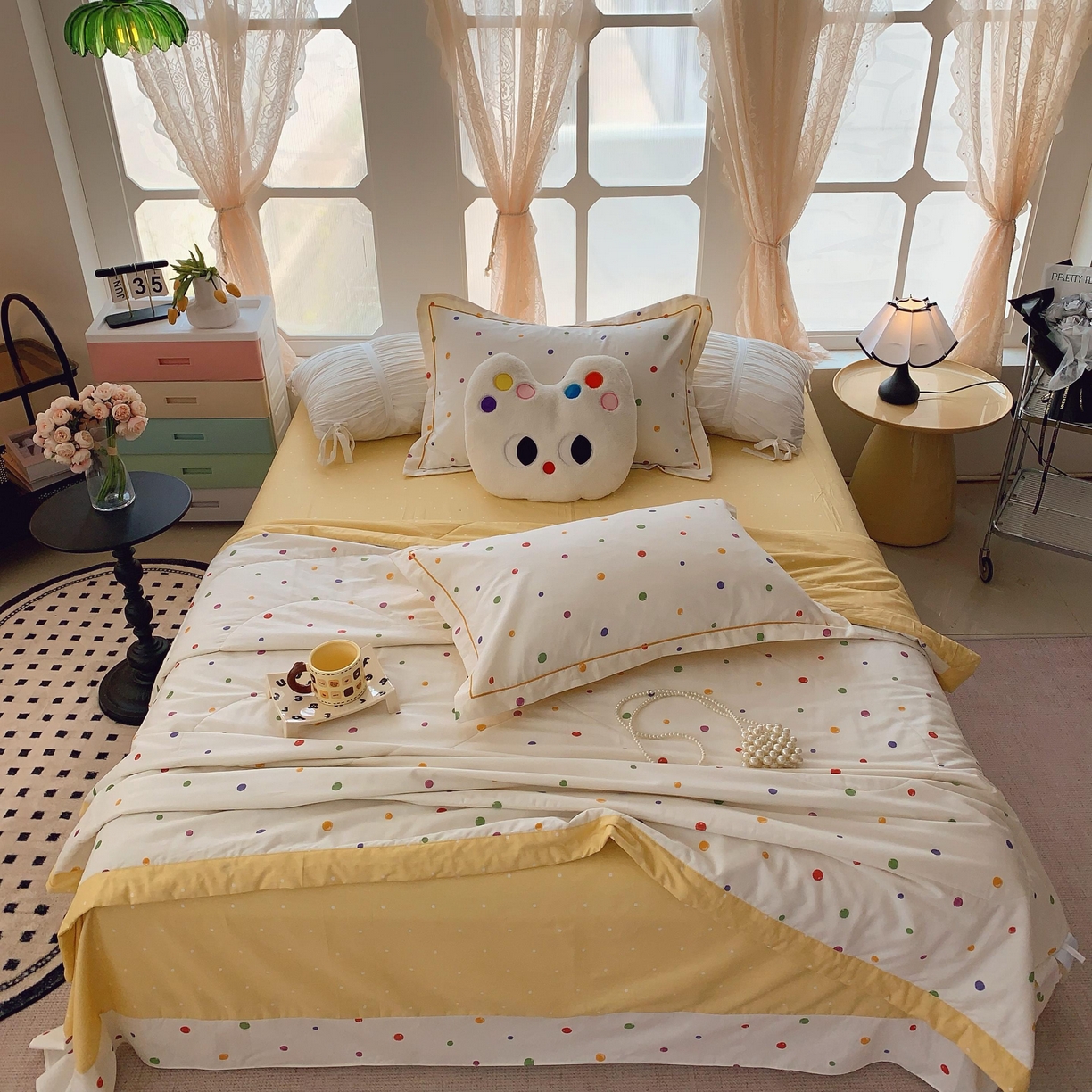 91家纺网 家纺一手货源 找家纺 莱豫家纺 2025春夏新款纯棉全棉夏被夏凉被四件套 彩色波点