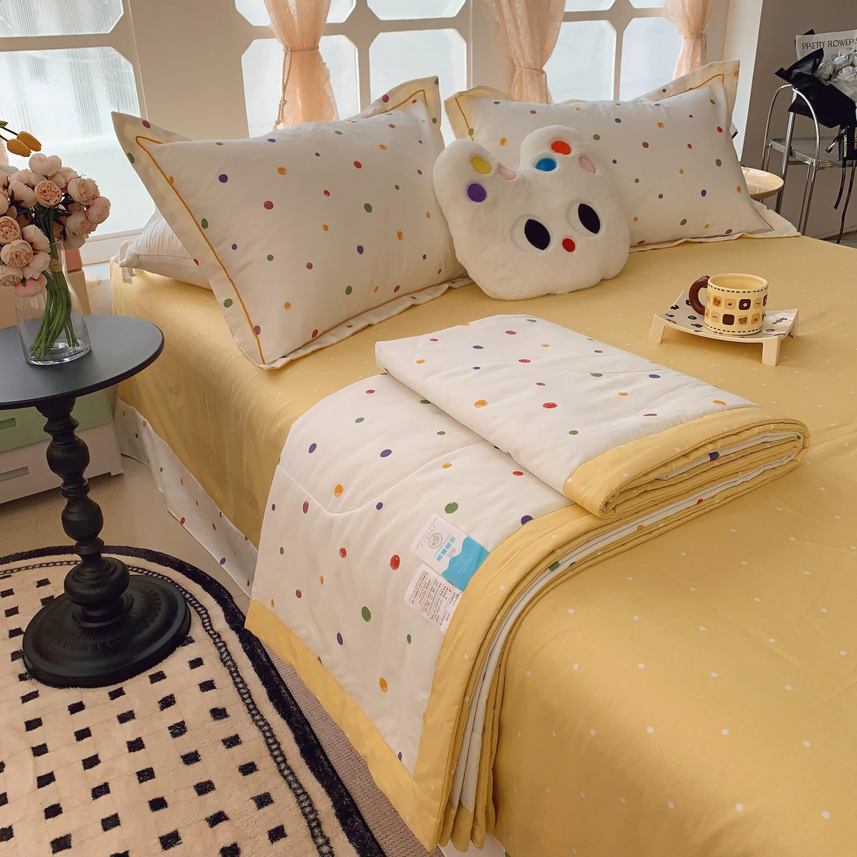 91家纺网 家纺一手货源 找家纺 莱豫家纺 2025春夏新款纯棉全棉夏被夏凉被四件套 彩色波点