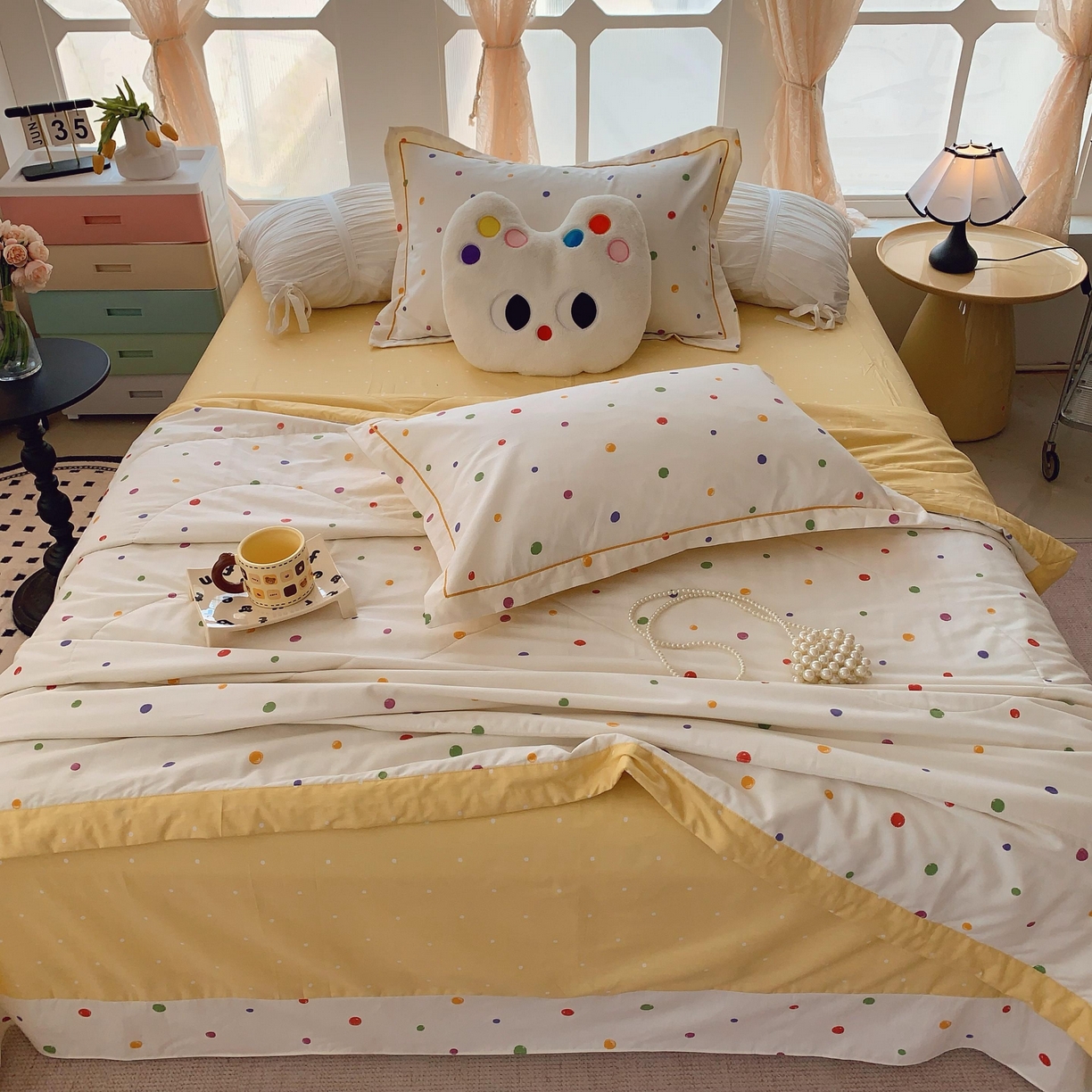 91家纺网 家纺一手货源 找家纺 莱豫家纺 2025春夏新款纯棉全棉夏被夏凉被四件套 彩色波点