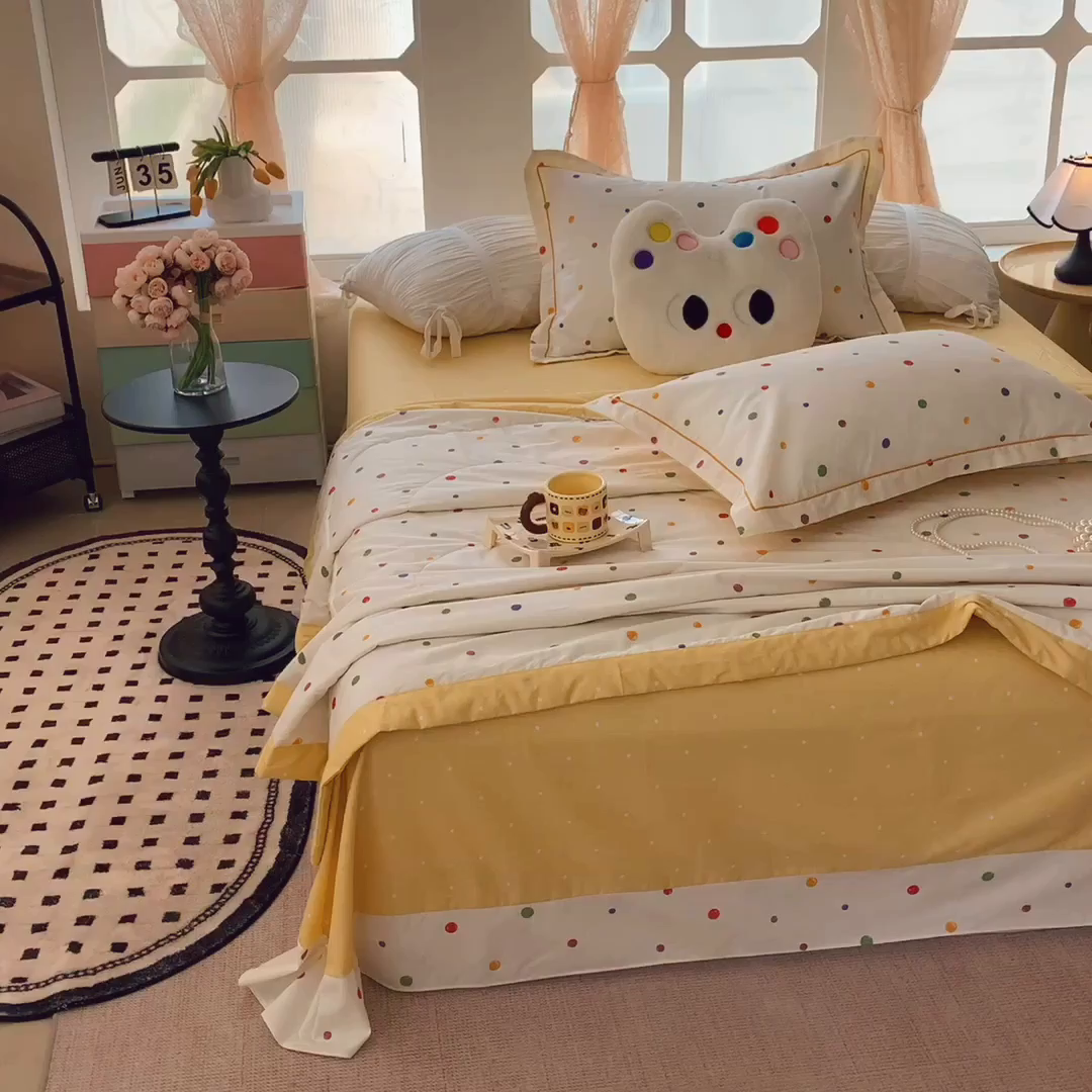 91家纺网 家纺一手货源 找家纺 莱豫家纺 2025春夏新款纯棉全棉夏被夏凉被四件套 彩色波点