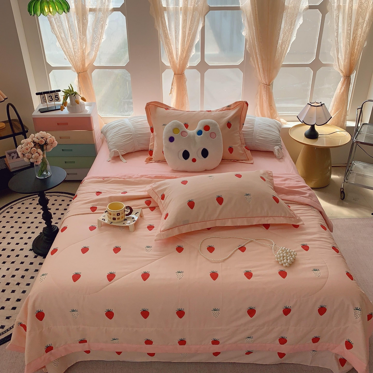 91家纺网 家纺一手货源 找家纺 莱豫家纺 2025春夏新款纯棉全棉夏被夏凉被四件套 草莓圣代