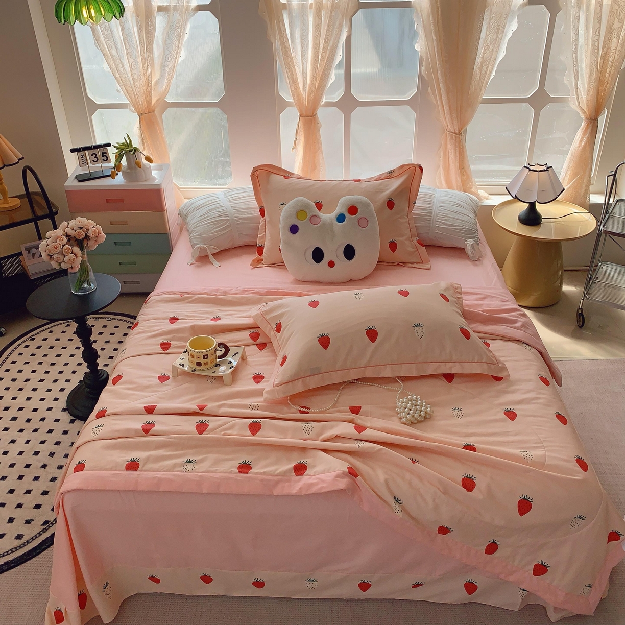 91家纺网 家纺一手货源 找家纺 莱豫家纺 2025春夏新款纯棉全棉夏被夏凉被四件套 草莓圣代