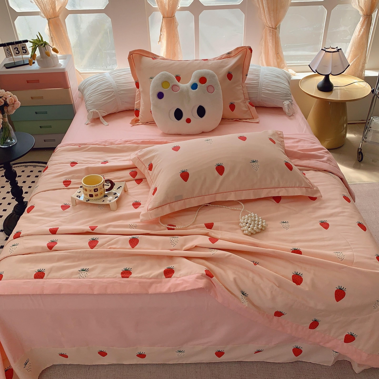 91家纺网 家纺一手货源 找家纺 莱豫家纺 2025春夏新款纯棉全棉夏被夏凉被四件套 草莓圣代