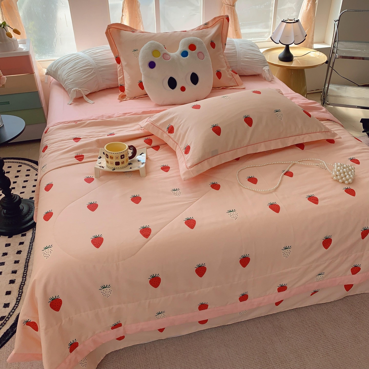 91家纺网 家纺一手货源 找家纺 莱豫家纺 2025春夏新款纯棉全棉夏被夏凉被四件套 草莓圣代