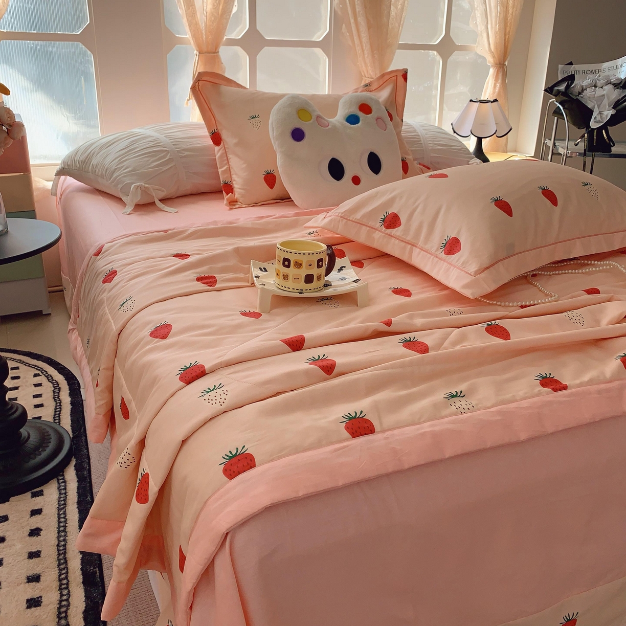 91家纺网 家纺一手货源 找家纺 莱豫家纺 2025春夏新款纯棉全棉夏被夏凉被四件套 草莓圣代