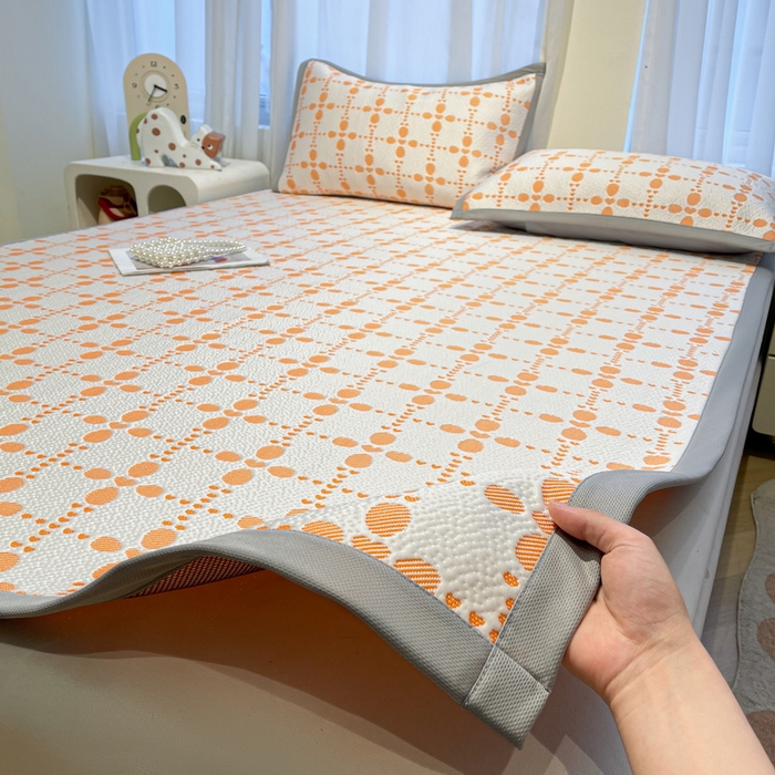 91家纺网 家纺一手货源 找家纺 LIFE.丽芙 2025春夏季新品A类针织提花冰凉豆豆凉感软席子平铺绑带款冰丝凉席三件套（450克）-风格二 维塔-橘