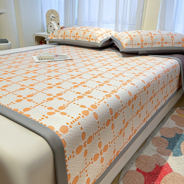 91家纺网 家纺一手货源 找家纺 LIFE.丽芙 2025春夏季新品A类针织提花冰凉豆豆凉感软席子平铺绑带款冰丝凉席三件套（450克）-风格二 维塔-橘