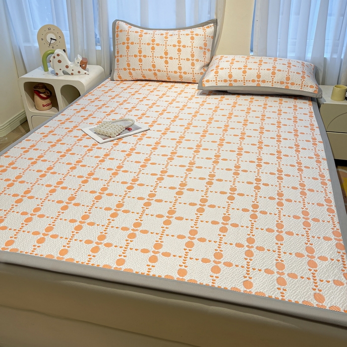 91家纺网 家纺一手货源 找家纺 LIFE.丽芙 2025春夏季新品A类针织提花冰凉豆豆凉感软席子平铺绑带款冰丝凉席三件套（450克）-风格二 维塔-橘