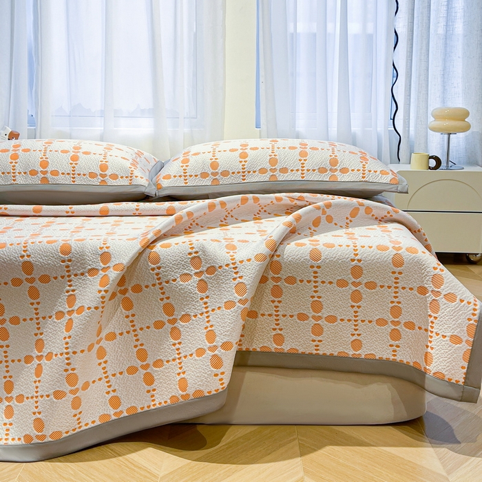 91家纺网 家纺一手货源 找家纺 LIFE.丽芙 2025春夏季新品A类针织提花冰凉豆豆凉感软席子平铺绑带款冰丝凉席三件套（450克）-风格二 维塔-橘
