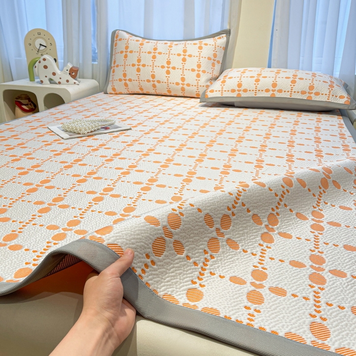 91家纺网 家纺一手货源 找家纺 LIFE.丽芙 2025春夏季新品A类针织提花冰凉豆豆凉感软席子平铺绑带款冰丝凉席三件套（450克）-风格二 维塔-橘