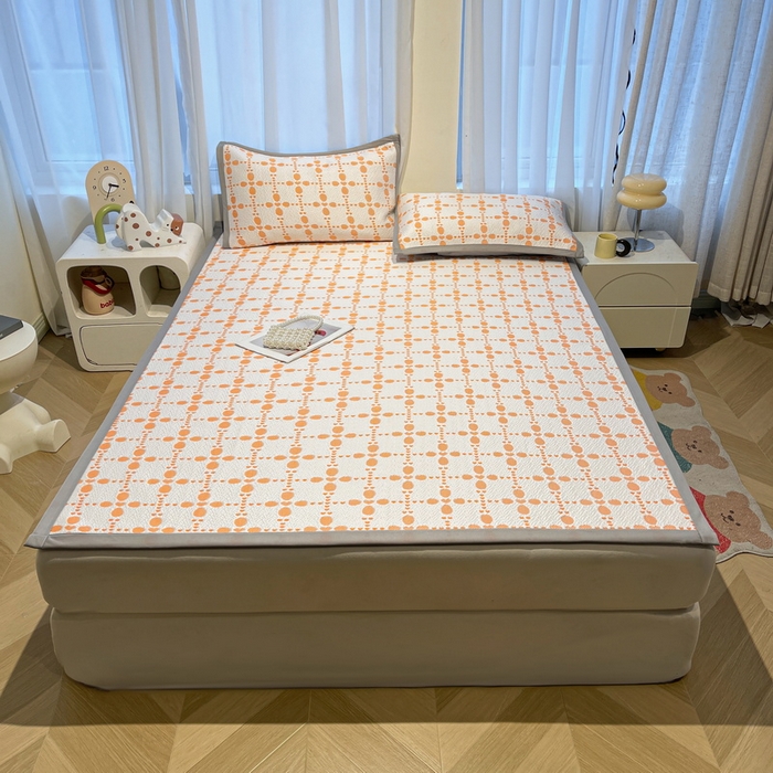 91家纺网 家纺一手货源 找家纺 LIFE.丽芙 2025春夏季新品A类针织提花冰凉豆豆凉感软席子平铺绑带款冰丝凉席三件套（450克）-风格二 维塔-橘