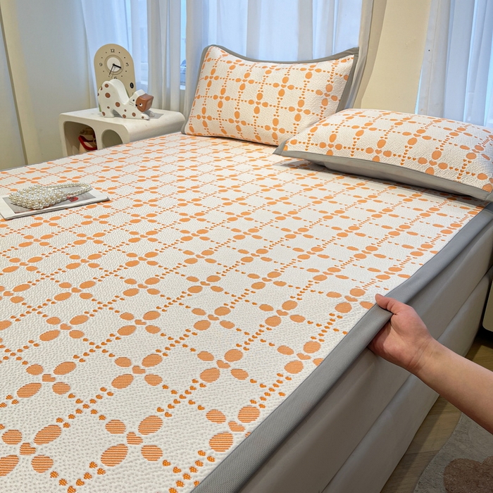 91家纺网 家纺一手货源 找家纺 LIFE.丽芙 2025春夏季新品A类针织提花冰凉豆豆凉感软席子平铺绑带款冰丝凉席三件套（450克）-风格二 维塔-橘