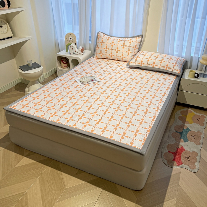 91家纺网 家纺一手货源 找家纺 LIFE.丽芙 2025春夏季新品A类针织提花冰凉豆豆凉感软席子平铺绑带款冰丝凉席三件套（450克）-风格二 维塔-橘