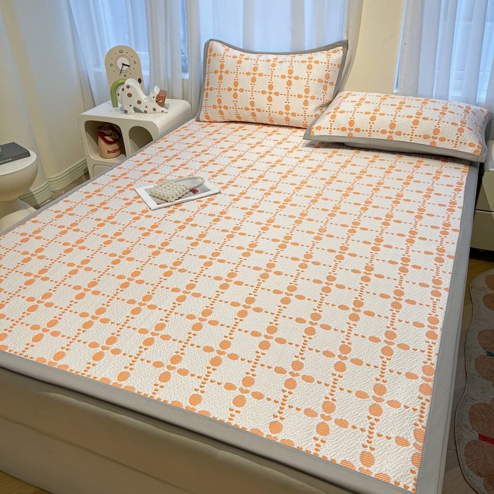 91家纺网 家纺一手货源 找家纺 LIFE.丽芙 2025春夏季新品A类针织提花冰凉豆豆凉感软席子平铺绑带款冰丝凉席三件套（450克）-风格二 维塔-橘