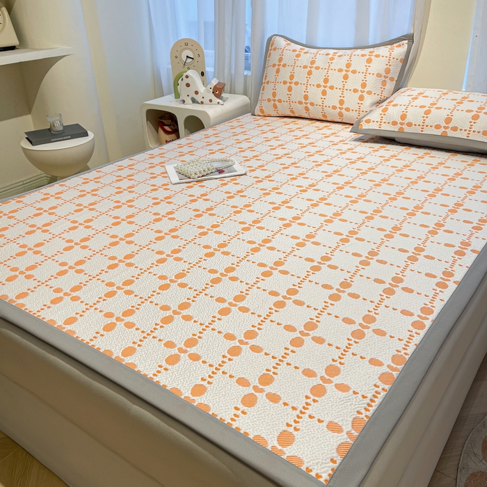 91家纺网 家纺一手货源 找家纺 LIFE.丽芙 2025春夏季新品A类针织提花冰凉豆豆凉感软席子平铺绑带款冰丝凉席三件套（450克）-风格二 维塔-橘