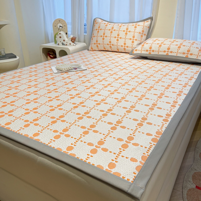 91家纺网 家纺一手货源 找家纺 LIFE.丽芙 2025春夏季新品A类针织提花冰凉豆豆凉感软席子平铺绑带款冰丝凉席三件套（450克）-风格二 维塔-橘