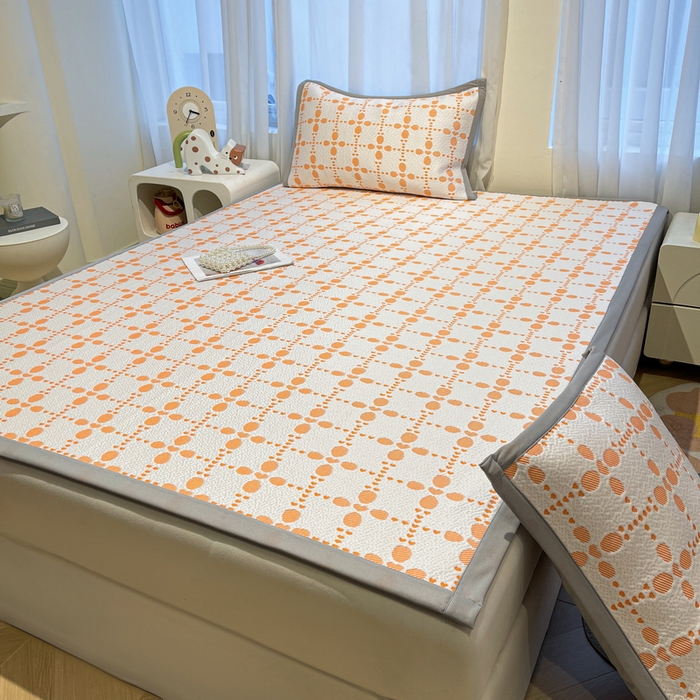 91家纺网 家纺一手货源 找家纺 LIFE.丽芙 2025春夏季新品A类针织提花冰凉豆豆凉感软席子平铺绑带款冰丝凉席三件套（450克）-风格二 维塔-橘