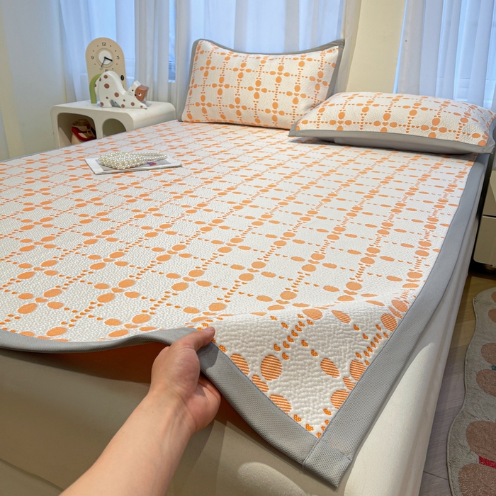 91家纺网 家纺一手货源 找家纺 LIFE.丽芙 2025春夏季新品A类针织提花冰凉豆豆凉感软席子平铺绑带款冰丝凉席三件套（450克）-风格二 维塔-橘