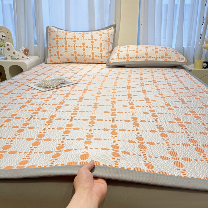 91家纺网 家纺一手货源 找家纺 LIFE.丽芙 2025春夏季新品A类针织提花冰凉豆豆凉感软席子平铺绑带款冰丝凉席三件套（450克）-风格二 维塔-橘