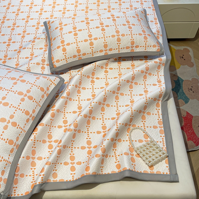 91家纺网 家纺一手货源 找家纺 LIFE.丽芙 2025春夏季新品A类针织提花冰凉豆豆凉感软席子平铺绑带款冰丝凉席三件套（450克）-风格二 维塔-橘